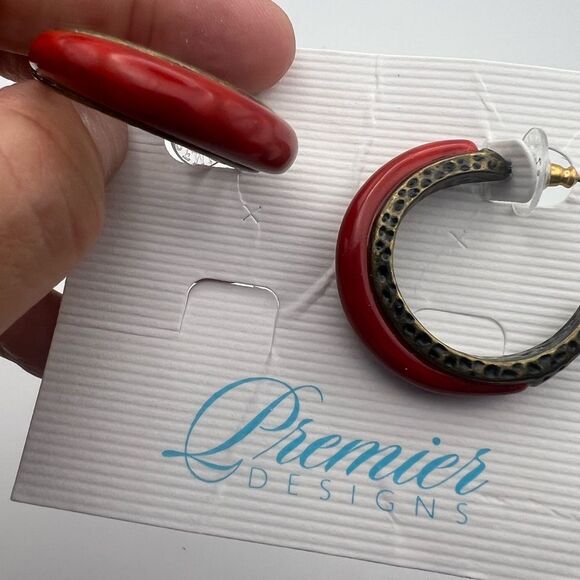 Premier Designs Red and Gold Textured Earrings - Picture 3 of 4